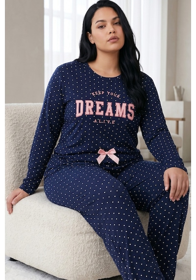 Siyah İnci Pamuklu Likralı Büyük Beden Battal Boy Örme Pijama Takım 26240888 Lacivert