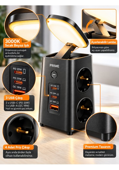 Akım Korumalı 4'lü Priz 1 Usb 2 Type-c Gece Lambalı Masaüstü Hızlı Şarj Çoklayıcı 0 - 2 M