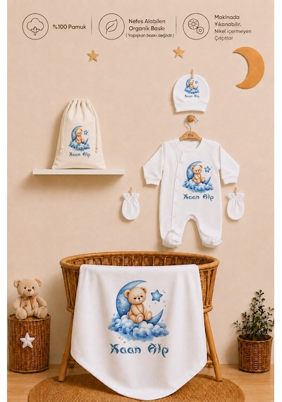 Pia Baby Erkek Bebek %100 Pamuk Hediye Seti 6 Lı İsimli Keseli Tulum Şapka Eldiven Battaniye Ve Yastık Kılıfı 1070tybk0x Krem