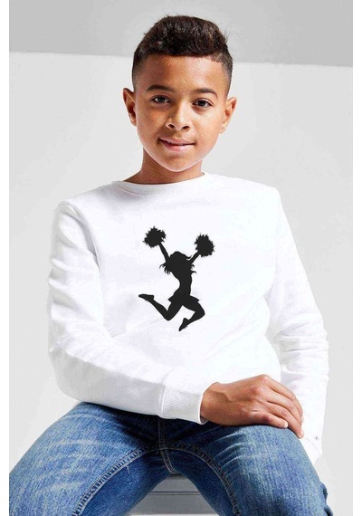 Tshirthane Silhouette Cheerleading Baskılı Unisex Çocuk Beyaz Sweatshirt Beyaz