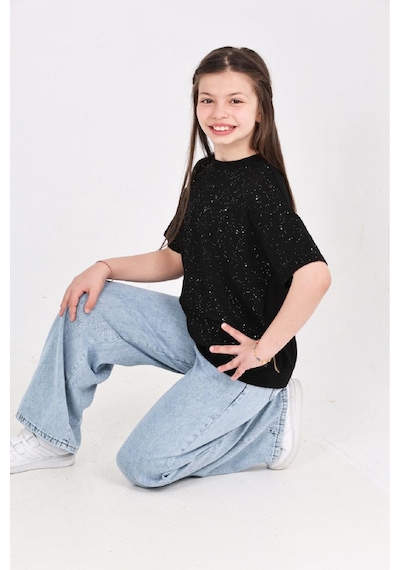 Modanino Kız Çocuk 2'li Jean Takım Pantolon+bluz 7-12 Yaş 12666 Siyah