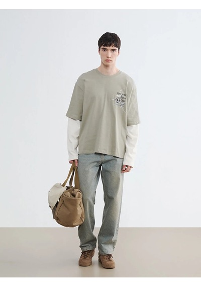Lc Waikiki Haki Bisiklet Yaka Baskılı Erkek Sweatshirt