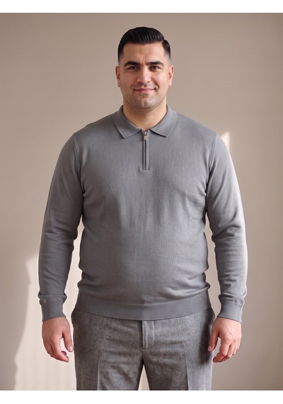 Maccali Erkek Gri Büyük Beden Düz Fermuarlı Polo Yaka Triko Kazak