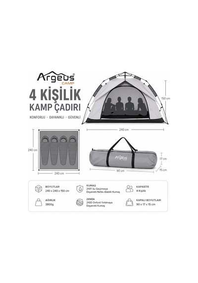 4 Kişilik Otomatik Kurulum Kamp Çadırı - 240x240x150cm - Argeus Infinity Çok Renkli