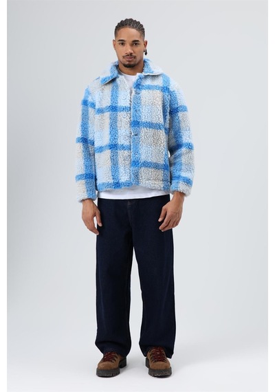 Vamos Oversize Peluş Ekose Ceket Mavi
