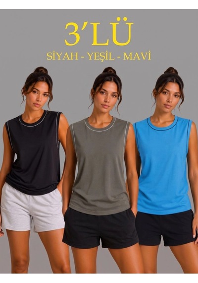 Freedom Storee Kadın 3 Lü Kolsuz Sporcu Atlet Seti Yazlık Bisiklet Yaka - Siyah, Haki, Mavi Çok Renkli