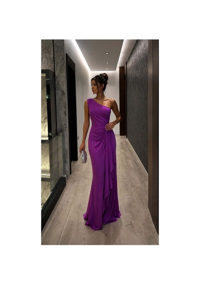 DefyModa Kadın Modern Stil Tek Omuz Kemerli Maxi Abiye Elbise Mor