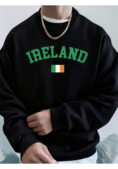 Startmore Startmoreirlanda Bayrağı Baskılı Erkek Sweatshirtleri Kışlık Bisiklet Yaka Kapüşonlu Sokak Stili Polar Siyah