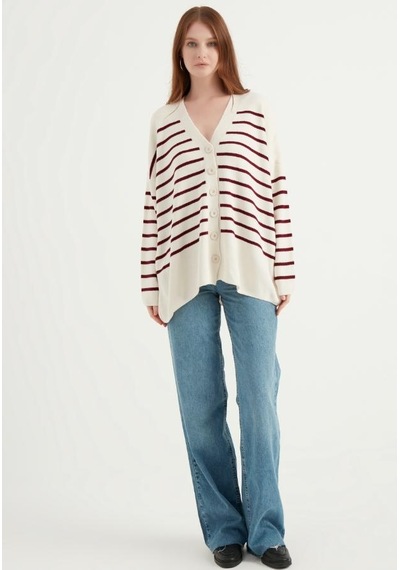 Cizgili Oversize Ekru Hırka 23aj0050 Ekru