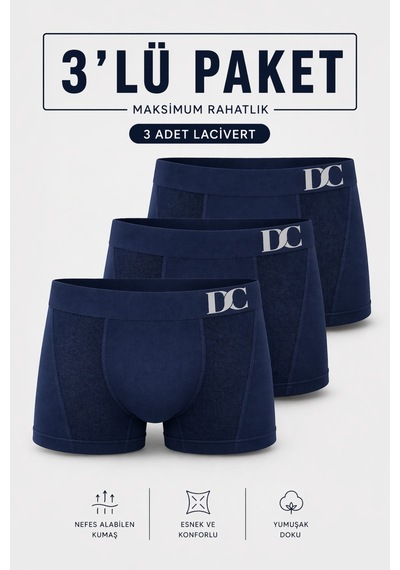 Elilom Erkek Boxer 3'lü Paket Daily Comfort Dikişsiz Nefes Alır Pamuklu Lacivert Set 3p Lacivert