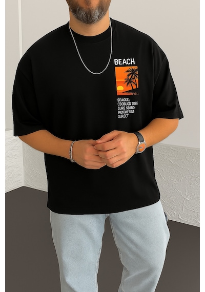 Beach Baskılı Oversize Unisex Tişört SIYAH