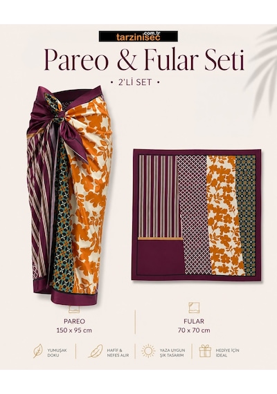 Tarzını Seç Premium Akdeniz Esintisi Desenli 2 Li Pareo Ve Fular Seti 150x95 Cm / 70x70 Cm Bordo