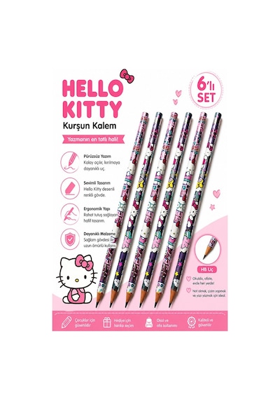 Hello Kıtty Kurşun Kalem 6 Adet Hello Kity Yuvarlak Gövdeli Siyah Kurşun Kalem Yumuşak Yazım Kolay Tutuş Kaliteli Çok Renkli