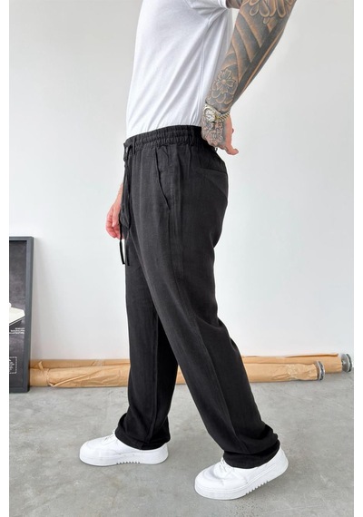 Siyah Beli Lastikli Keten Pantolon