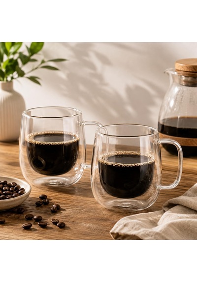 Çift Cidarlı Cam Kupa Bardak 250 Ml Isı Yalıtımlı Latte, Kahve Ve Çay Bardağı 2 Li Set Açık