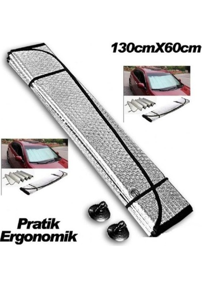 Araba Ön Cam Güneşliği Uyumlu Balonlu Metalize Parlak Alüminyum Katlanabilir Oto Güneşlik (130x60cm
