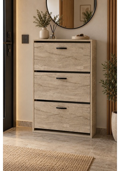 Sulorahome Düşer Kapaklı Ayakkabılık Ekru Traverten Desenli 74 Cm