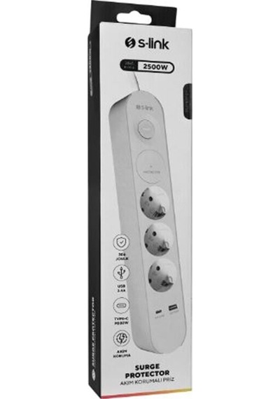 S-link Spg3-pd20 Pd20w H05vv-f 3g1.0mm, 1.5m 3 Lü 306 J Akım Korumalı Beyaz + Gri Priz 0 M
