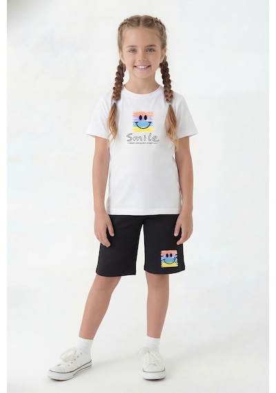 Panios Kids Yuvarlak Yaka Tişörtlü Kaprili Baskı Detaylı Kız Çocuk Alt Üst Takım Beyaz