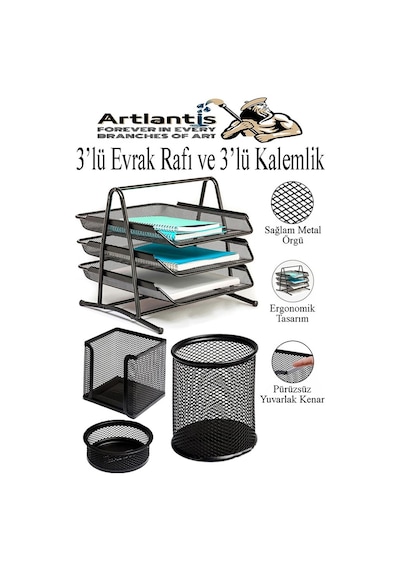 Siyah Metal Evrak Rafı 3 Lü Ve Masaüstü Kalemlik 3 Lü 1 Paket Masaüstü A4 Dosya 3 Katlı Düzenleyici Kağıt Tepsisi