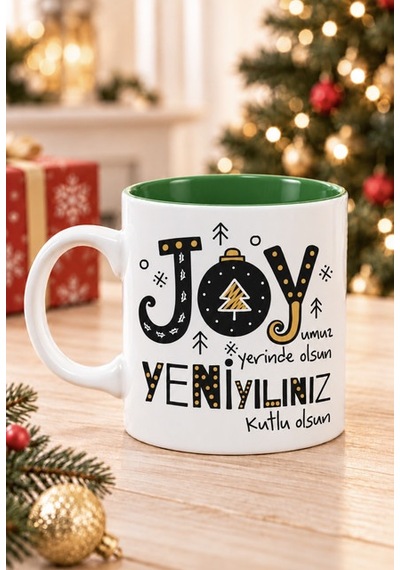 Mesela Yılbaşı Kupası Joyumuz Yerinde Olsun Desenli Yeşiliçli Hediyelik Kahve Kupa Bardak Beyaz