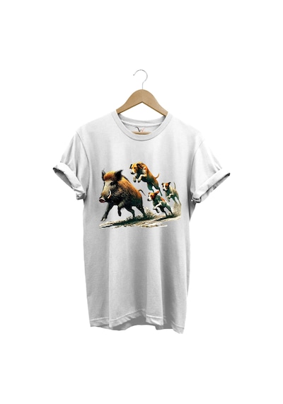 Avcılık Hunter Domuz Avı Ve Av Köpekleri Baskılı Regular Fit %100 Pamuk Beyaz T-shirt Beyaz