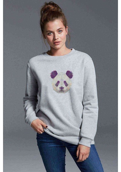 Polygonal Head Panda Baskılı Gri Kadın Sweatshirt