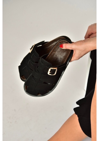 Fox Shoes Y250506002 Siyah Süet Önü Kapalı Kadın Terlik Siyah