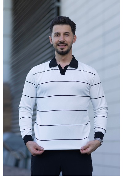 Hk Premium Çizgili Polo Yaka Slim Fit Triko Kazak Beyaz