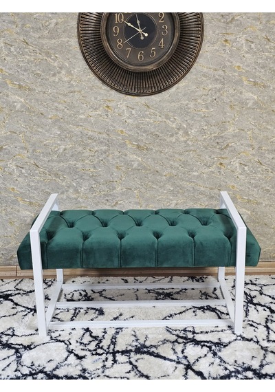 Zafir Beyaz Boyalı Metal 80 Cm Puf Bench - Antre Puf - Hol Bench - Puf - Oturak - Bench Yeşil