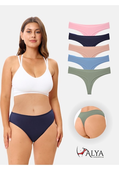 Alya Underwear Kadın Bato Tanga Pamuklu Külot, Büyük Beden String, 5'li Paket- 2 Siyah, 1 Beyaz, 2 Ten P14