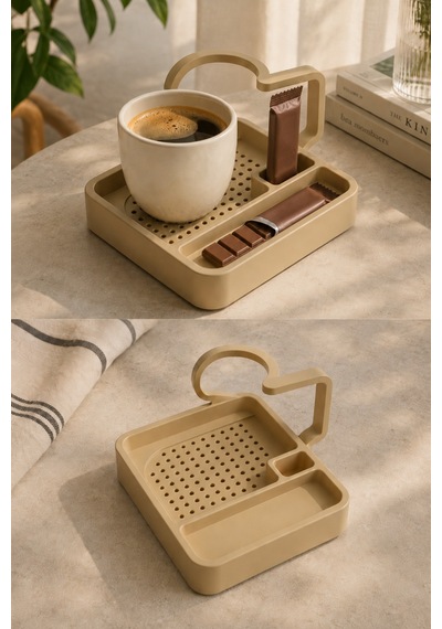 Kahve Sunum Tepsisi Çok Bölmeli Masa Üstü Organizer Kupa Fincan Standı Pla 12.5x11x7 Cm Krem Bej