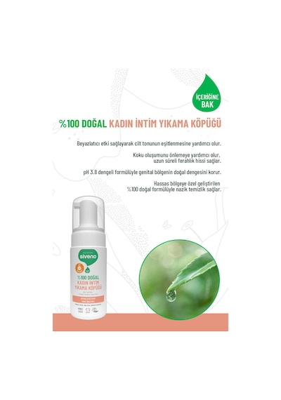 Siveno %100 Doğal İntim Yıkama Köpüğü Beyazlatıcı Etkili Koku Önleyici Ph 3.8 100 Ml