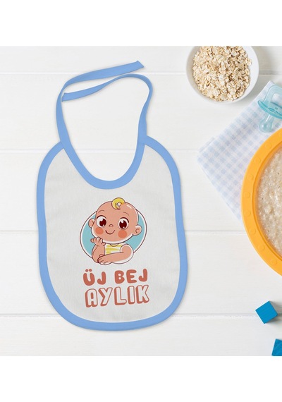 BK Kids Üj Bej Aylık Tasarımlı Mavi Bebek Mama Önlüğü-1