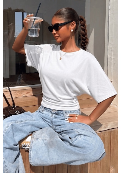 Genius Store Kadın Bele Oturan Geniş Kollu Bluz Yarasa Kol Siyah Bluz Yarasa-bluz Beyaz