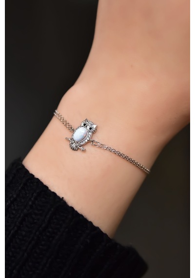 Papatya Silver 925 Ayar Gümüş Rodyum Kaplama Beyaz Opal Baykuş Bileklik