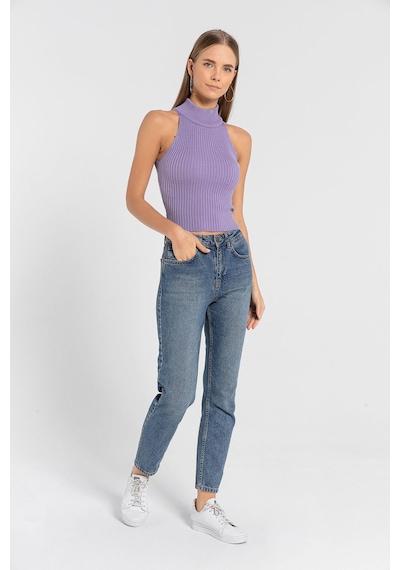 Miss Poem Kadın Kolsuz Slim Fit Boğazlı Fitilli Kısa Antrasit Triko Crop Lila