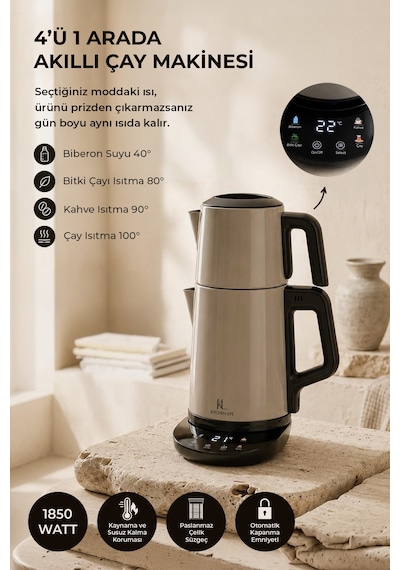 Kitchen Life MCH0012974 Demzade 4'in 1 Dijital 5 Fonksiyonlu Çelik Elektrikli Çay Makinesi