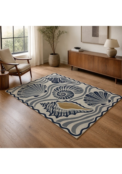 Kartela Halı Deniz Kabuğu Desenli Halı Lacivert Kaymaz Taban Makinede Yıkanabilir 200x300 Cm