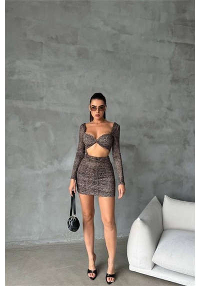 Dip Moda Kadın Leopar Sırt Ve Göğüs Dekolteli Mini Elbise Dpnbdf079 Kahverengi