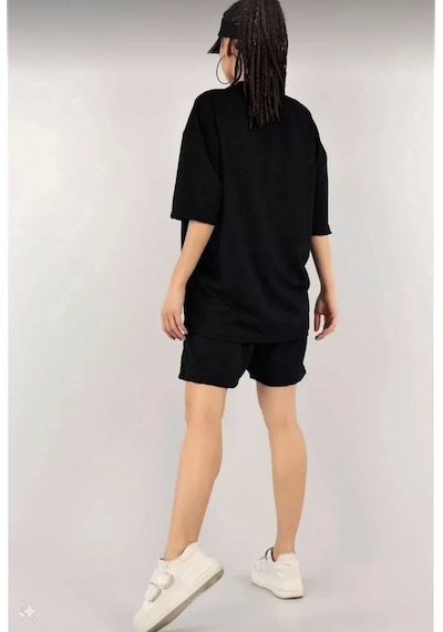 Tarzyeri Kadın Unisex Nakış İşlemeli Şort Takım - Siyah Siyah