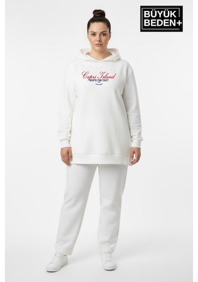 Süperlife Büyük Beden Kapşonlu Capri İsland Baskılı Tunik İnce Sweatshırt Spr26btk991-2 Ecru