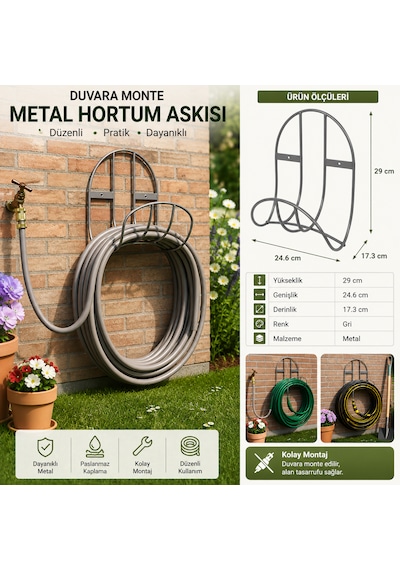 Duvara Monte Metal Hortum Askısı 25 Metre Kapasiteli Bahçe Hortumu Tutucu Ve Düzenleyici Gri 29 Cm 24.6 Cm 17.3 Cm