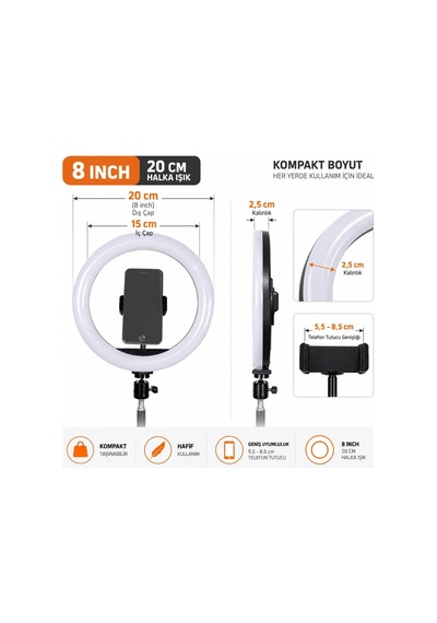 Tr 20 Cm 8 İnç Led Halka Işık Ahtapot Tripod Telefon Tutucu M-20 Genel