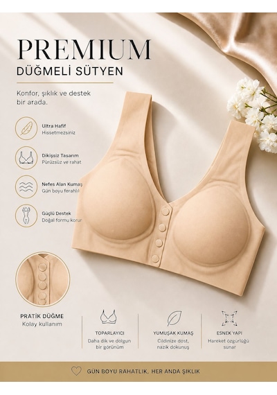 Qulat Önü Açılır Kapanır Düğmeli Sütyen Toparlayıcı, Dikişsiz, Rahat Kullanım Ten