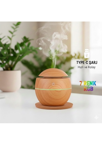 Prime Home Oval 200ml Hava Nemlendirici - 7 Renk Rgb Işıklı Difüzör - Type-c Girişli Aromaterapi Regular Açık Ahşap