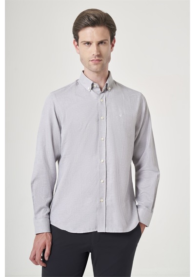 İmza Gri Düğmeli Yaka Oxford Slim Fit Pamuklu Gömlek 1004265124 Açık Gri