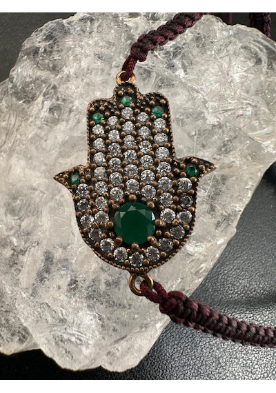 Hz. Fatma'nın Eli Modeli Yeşim Zirkon Ayarlanır Gümüş Bileklik