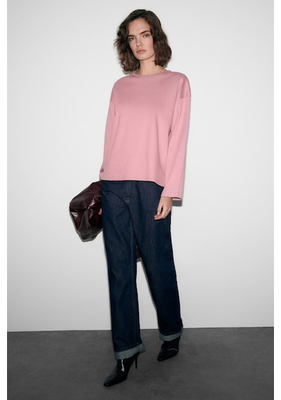 Grımelange Neat Kadın Organik Pamuklu Bisiklet Yaka Oversize Fit Uzun Kollu Pembe T-shirt Pembe