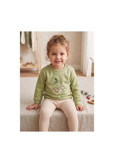 Deniva Kids Organik Pamuklu Yeşil Kiraz Nakışlı Bebek Kız Alt Üst Takım - 9 - 12 Ay